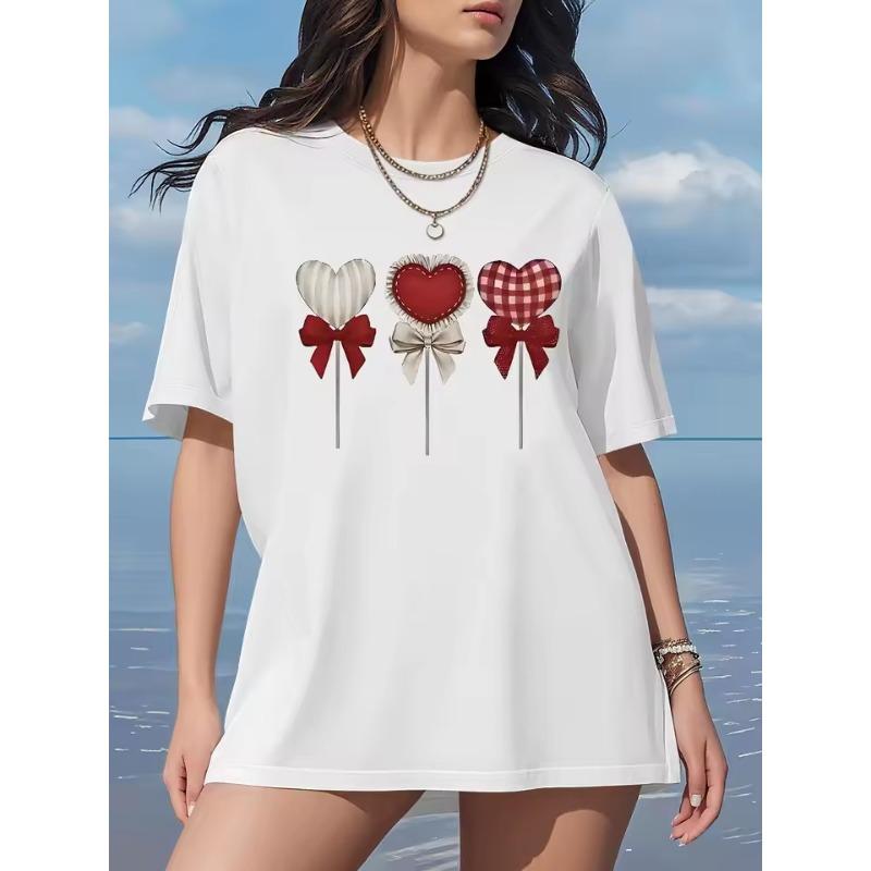 Dámské bílé tričko s krátkým rukávem plus size Rozkošné lízátko ve tvaru srdce 3D potisk Ležérní sladký styl na léto