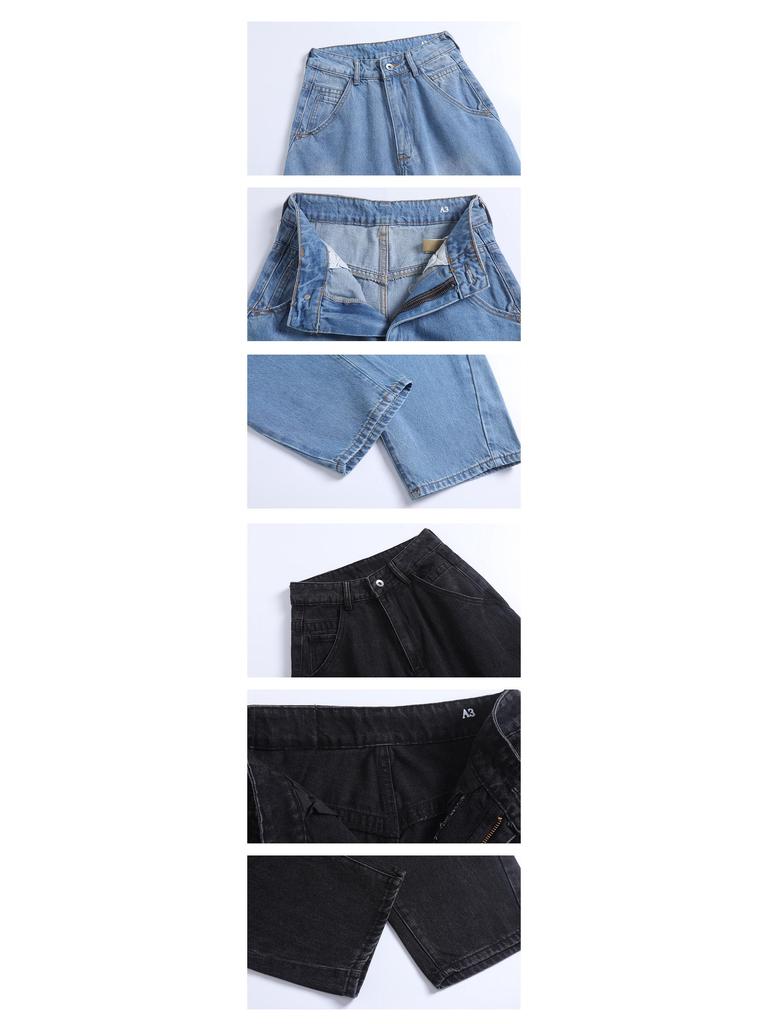 A3 Blugi Retro Denim Largi cu Picior Lat: Culoare Originală, Neutru, Talie Medie-Înaltă, Croială cu Biberon pentru Femei