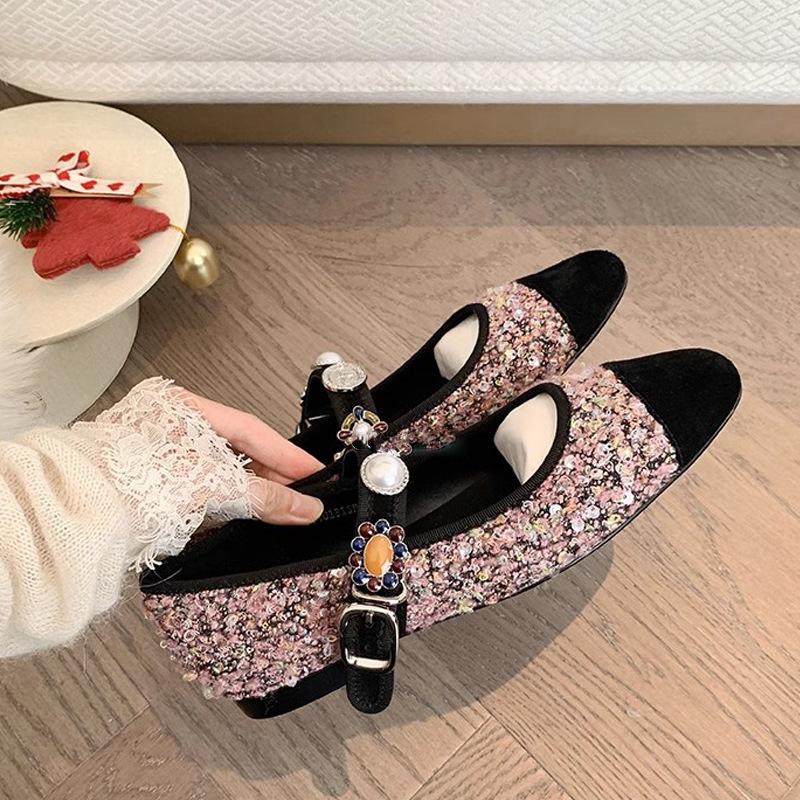 Princess Anne Su Yinyin~ Xiaoxiangfeng Tweed Badge Buckle Mary Jane Single Shoes Women's Banquet Wedding Shoes Flat Shoes Women