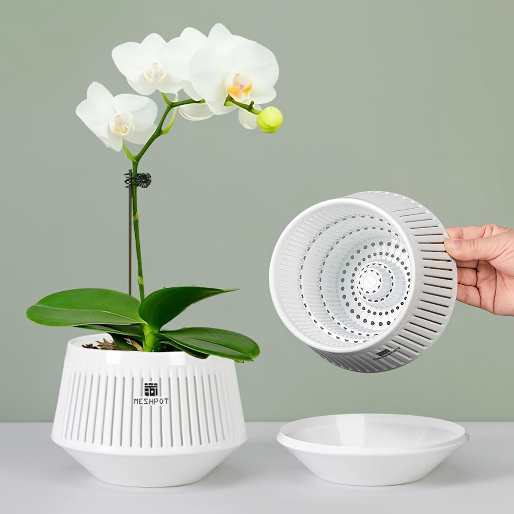 1PC 5-Inch breathable and leak-proof orchid pot, 1-piece set, African violet flower pot with hollow trim, PP resin white orchid container with tray