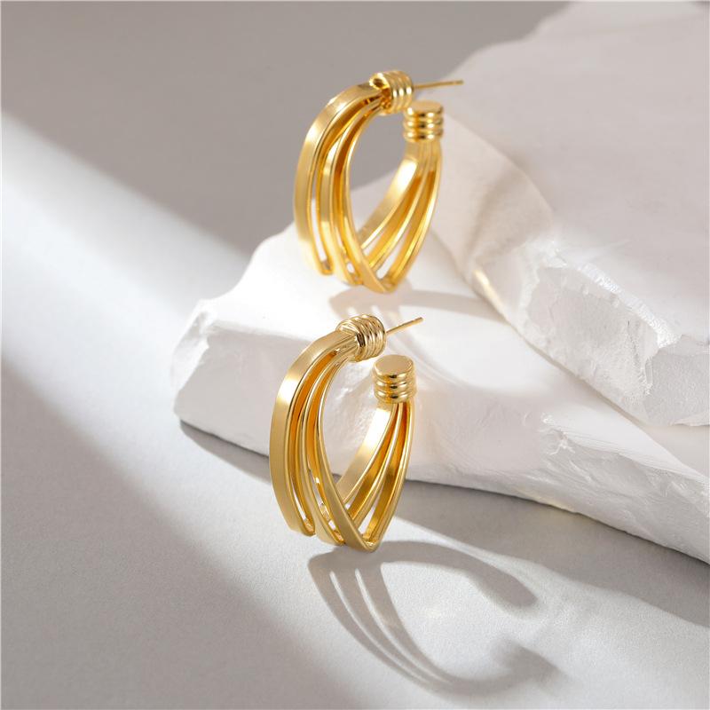 Three-layers Hollow C-shaped Women's Drop Earrings Gold Color Curved Metal Dangle Earrings Silver Color Geometry Ear Jewelry