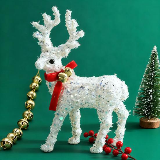 Christmas Reindeer Figurine Plastic White Elk Sculpture with Scarf Small Deer Statue Table Ornaments for Xmas Tabletop Mantel Shelf Decor