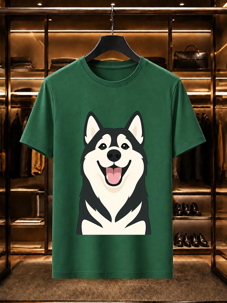 2026 New 100 Cotton Tshirt Happy Smiling Husky Pet Dog Illustration Graphic Tees Fashion Short Sleeve
