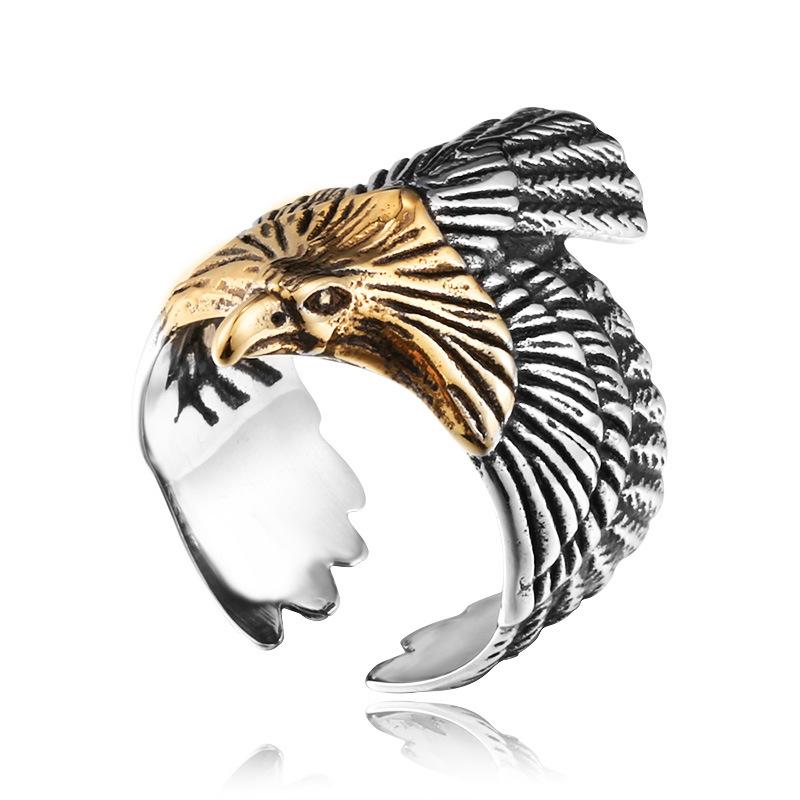 Vintage Gold Plated Eagle Feather Pattern Adjustable Unisex Titanium Steel Ring