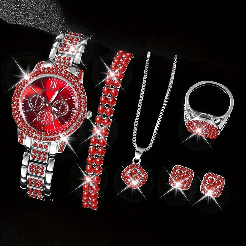 Full Diamond Luxury Bracelet Watch Set Ladies Time Quartz Watch Exquisite Five-Piece Jewelry Set