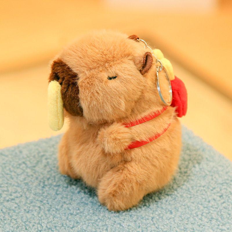 Adorable Capybara Plush Pendant with Floral Quilted Military Coat Keychain