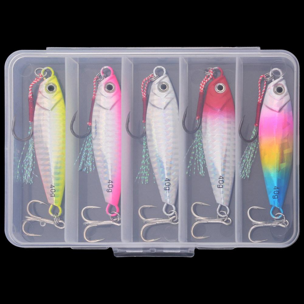 5 Pieces Boxed Artificial Hard Bait Lead Fish Jigs with Blood Groove Hooks for Bass & Trout Ocean Boat Fishing Slow Jigging