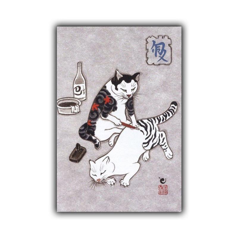 Retro Art Poster Japanese Style Funny Tattoo Pattern Cat Pictures Canvas Print Living Room Wall Art Corridor Home Decor Painting