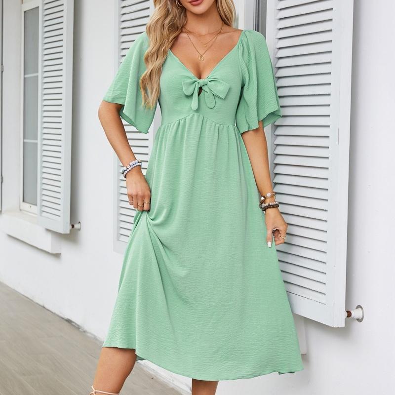 

IHUASU Лето-весна однотонное принт с бантом и v-образным вырезом плиссированное платье средней длины с короткими рукавами и высокой талией XXL