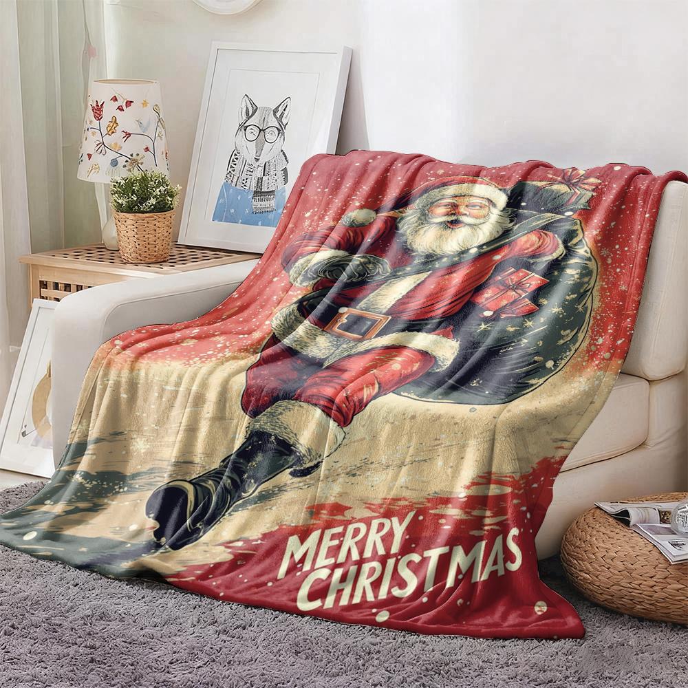 Vintage Santa Claus with Gift Sack Merry Christmas Blanket Retro Snow Soft Cozy Throw Blanket for Couch Bed Perfect Holiday Gift