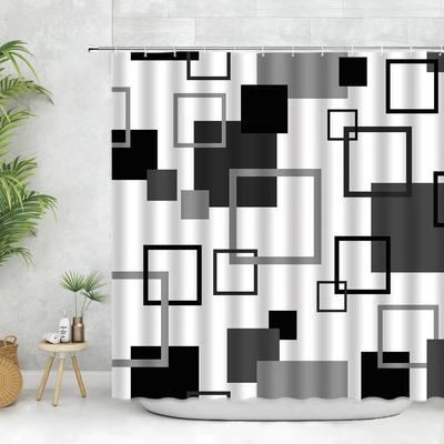 Juego de Cortina de Ducha Negra Moderna con Ganchos-Cortina de Ducha Negra y Blanca para Baño Tela Cortinas de Baño Geométricas con Gancho