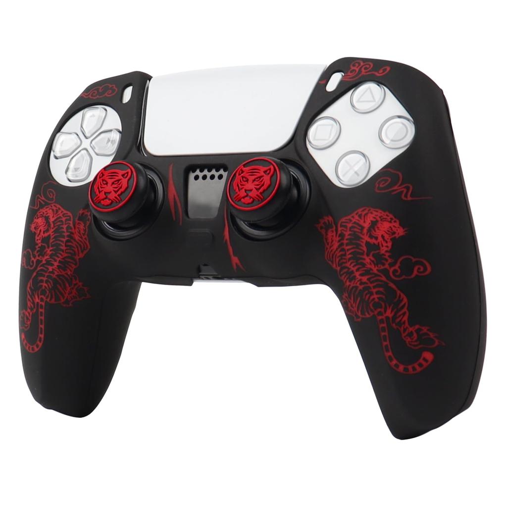 RALAN PS5 Controller DualSense Compatible with Silicone Joystick Perfect Ergonomic Design Caps, Non-Slip, Black, Fit, (Red Tiger)