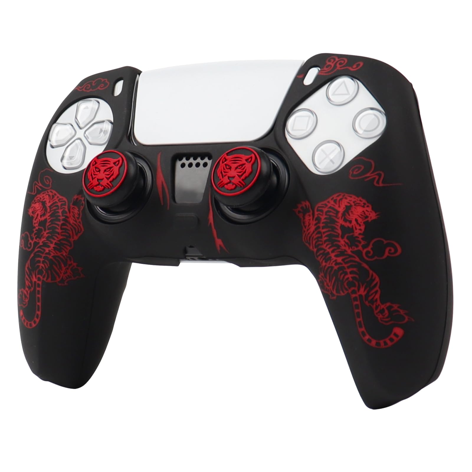 

RALAN PS5 Controller DualSense Compatible with Silicone Joystick Perfect Ergonomic Design Caps, Non-Slip, Black, Fit, (Red Tiger)