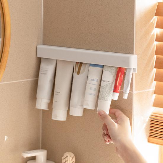 Wall Mount Long Toothpaste Holder Modern No Drill Adhesive Space Saving Heavy Duty Multi-functional Bathroom Cleanser Clip Storage Organizer Rack