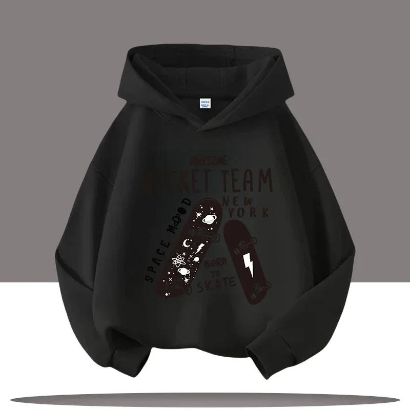 Best-selling fall-winter children's skateboarding pattern double-sided printed hooded shirt, stylish boys' and girls' top
