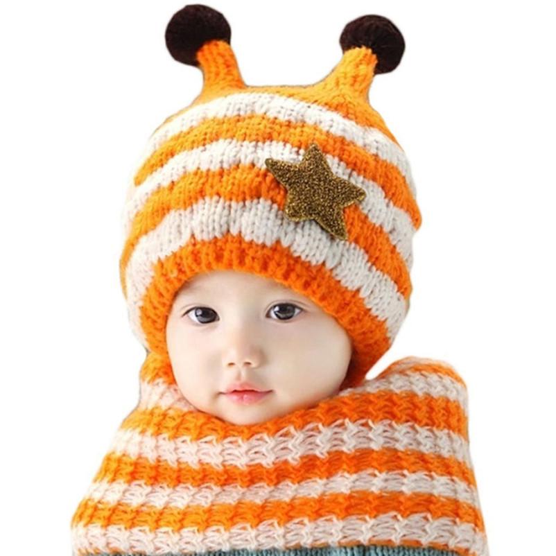 Winter Kids Hat With Plush Ear Protection Big Five-pointed Star Hat Scarf Set Striped Woolen Material Blue Yellow Orange Red Pink
