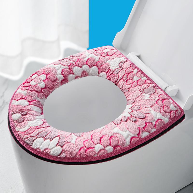 Soft Cover Warm Toilet Seat Cover Pad Bathroom Decor Floral Print Coral Velvet Seat Washable Pads