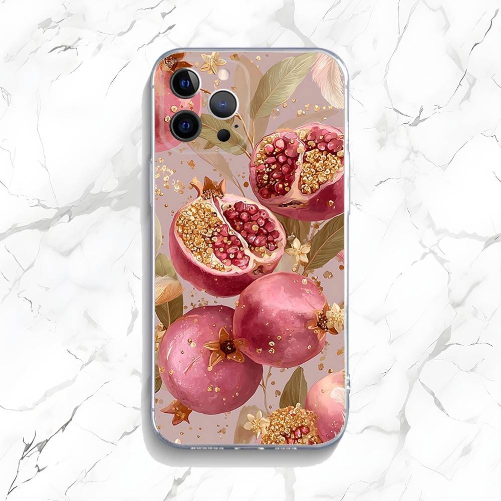 Gold Pink Pomegranate Art Phone Case For iPhone 16,15,14,13,12,11 Pro,Max,Plus,X,XS,XR,SE,Mini Transparent Silicone Soft