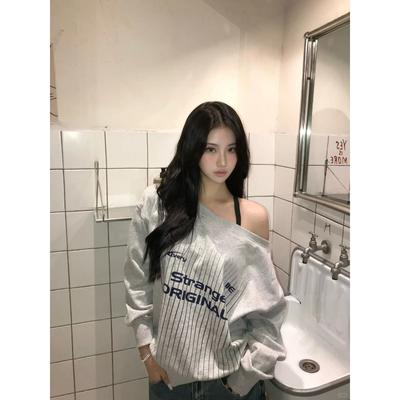Sexy Off Shoulder Sweatshirts Women Vintage Y2k Oversized Gray Jersey Tops Korean Style Pullovers Letter Printed Casual