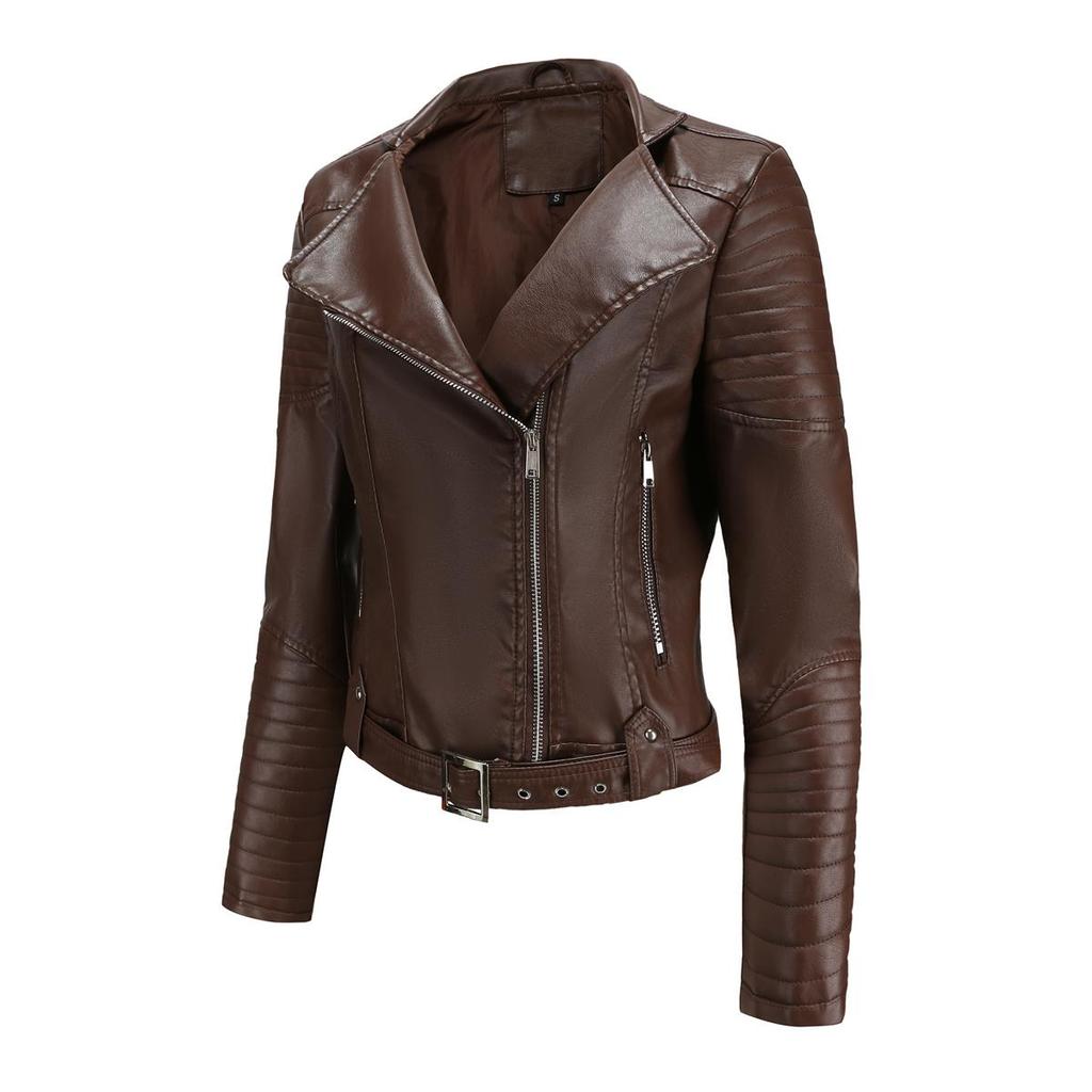 Punk Style Jackets for Women Faux Leather Lapel Tie Belt Motorcycle Short Coat Long Sleeves Zipper Outwear Bomber Tops