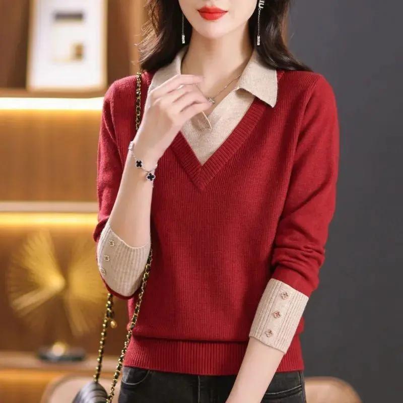 Women's Spring and Autumn Collared Loose Fit Plus Size Sweater Elegant and Beautiful Patchwork Knitted Undershirt