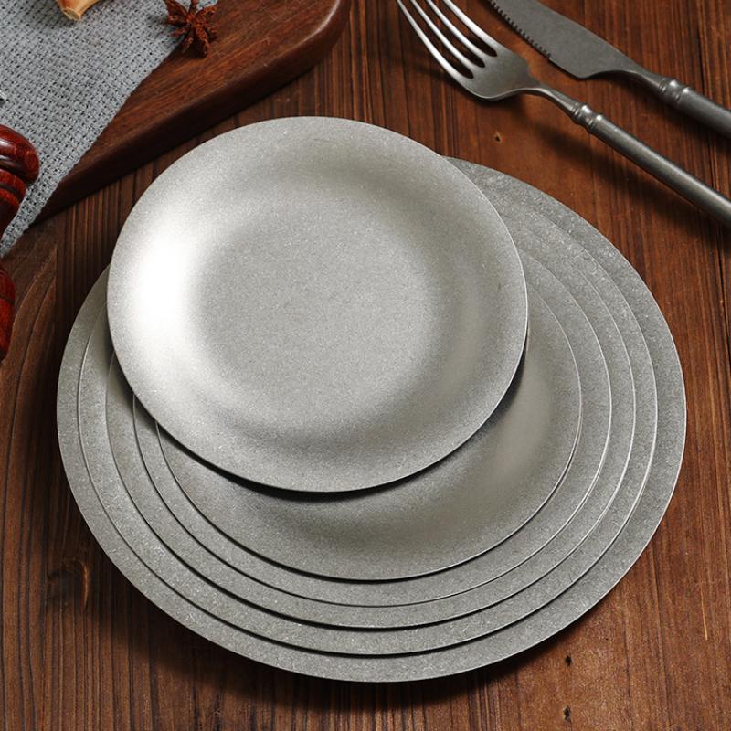 Vintage Stainless Steel Steak Dinner Plates Round Snack Dessert Western French Restaurant Bone Plate Tray Tableware Kitchen