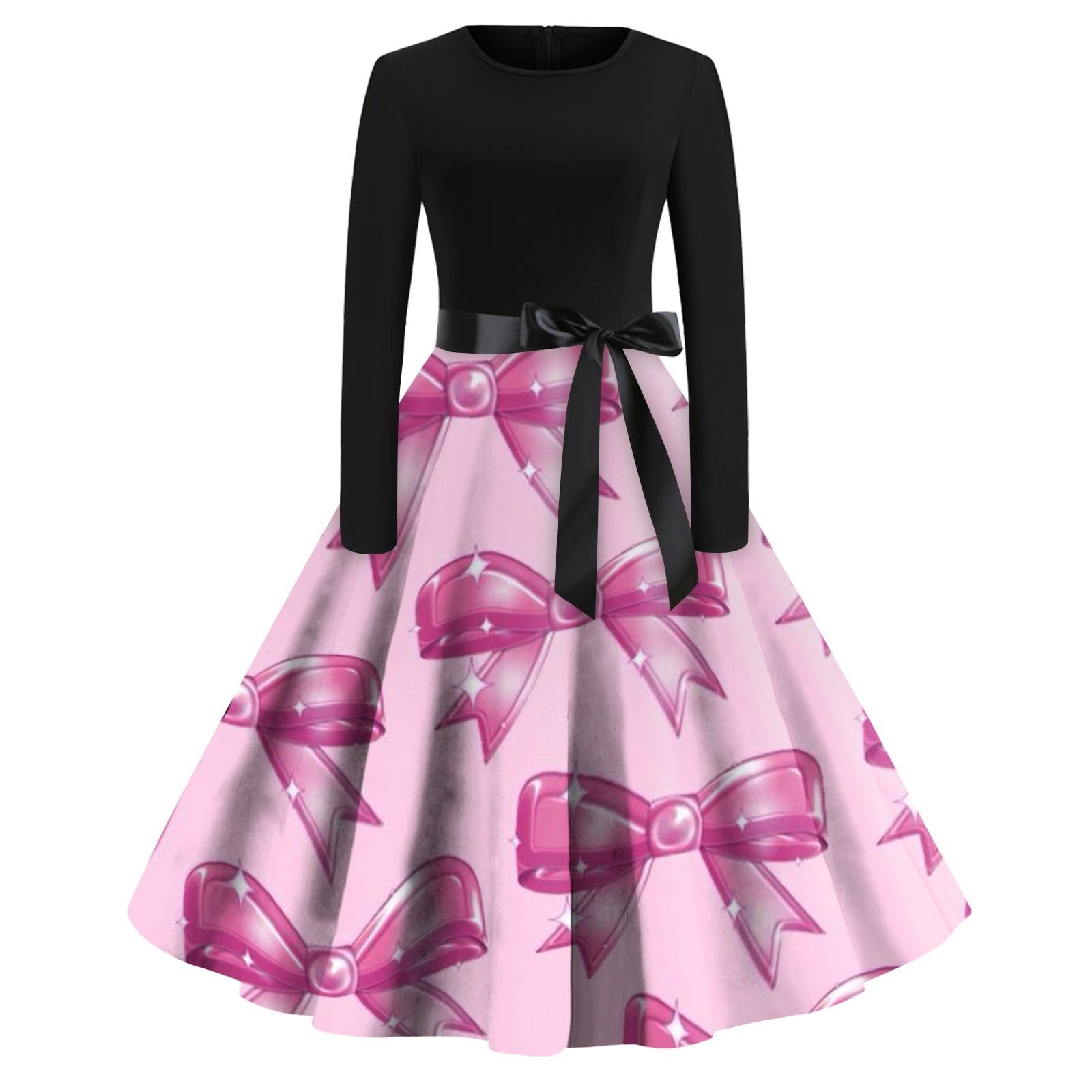 

Женская мода с круглым вырезом, повседневные тонкие рождественские платья с длинным рукавом и принтом XL розовый