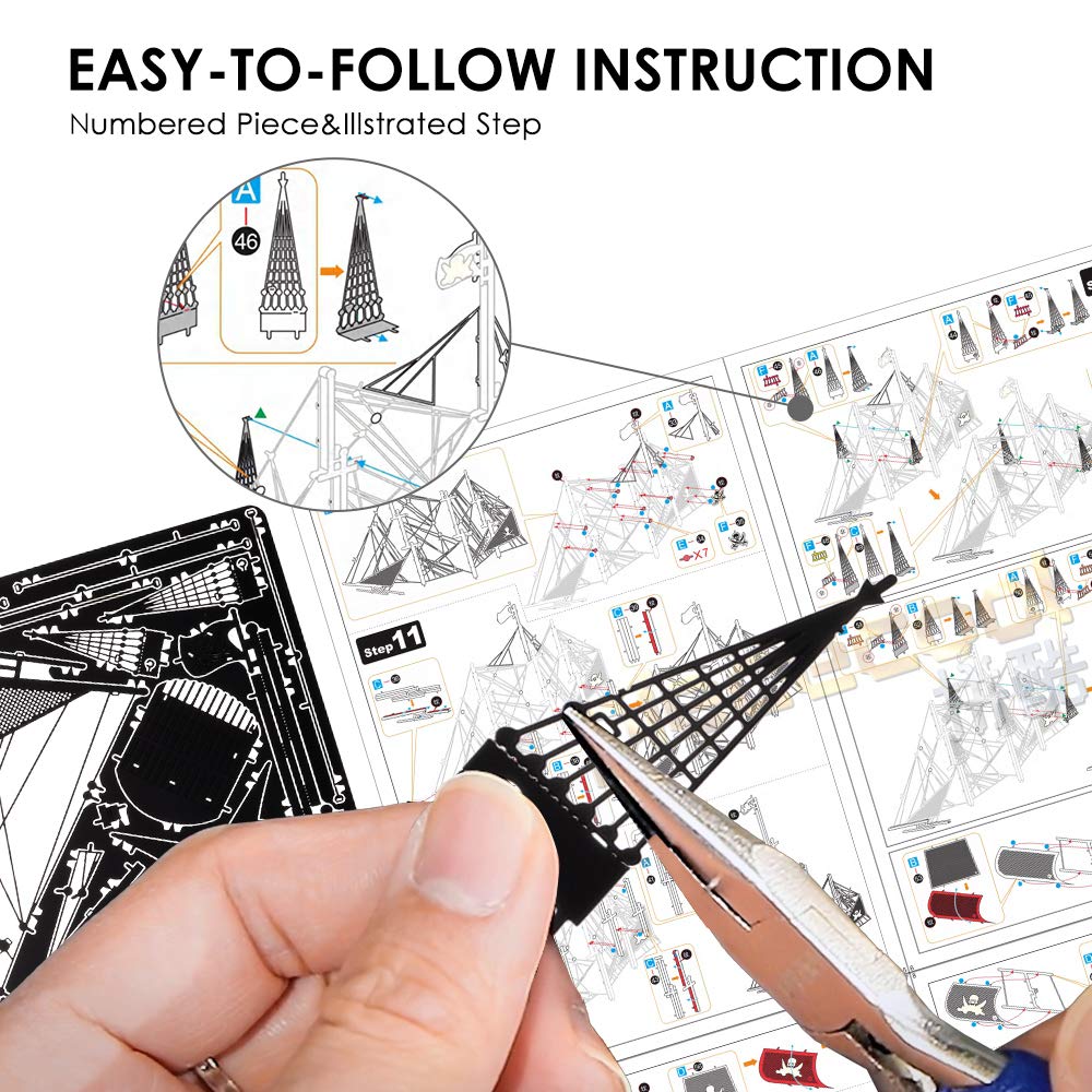 Piececool 3D Black Pearl Sailing Pirate Metallic Nano 3D Metal Assembly No Glue Difficulty Level 5 Ornament Puzzle (Special Edition) Ship, Ship,