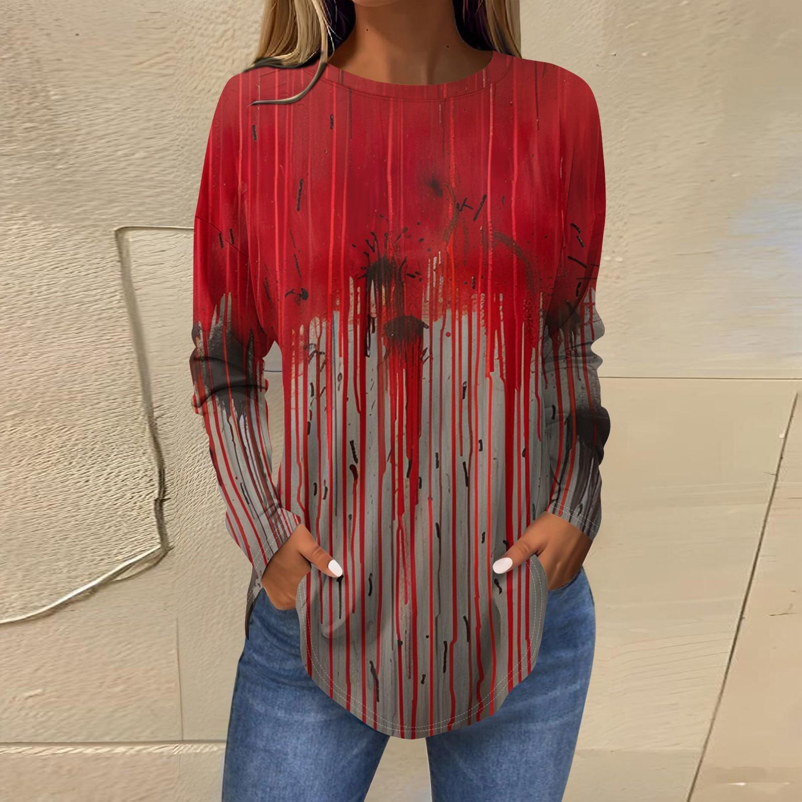 

Модні жіночі повсякденні топи з принтом і круглим вирізом з довгими рукавами XL