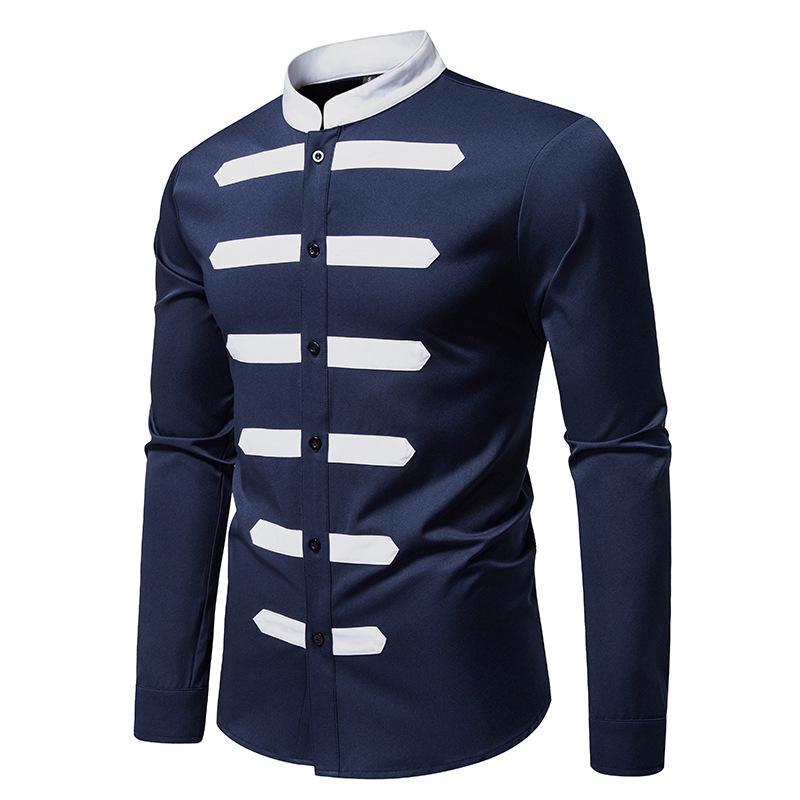 Men's Stand Collar Contrast Panel Dress Shirt Long Sleeve Fashion Slim-Fit Top for Men Spring Autumn Multi-Color Male Formal Blouse