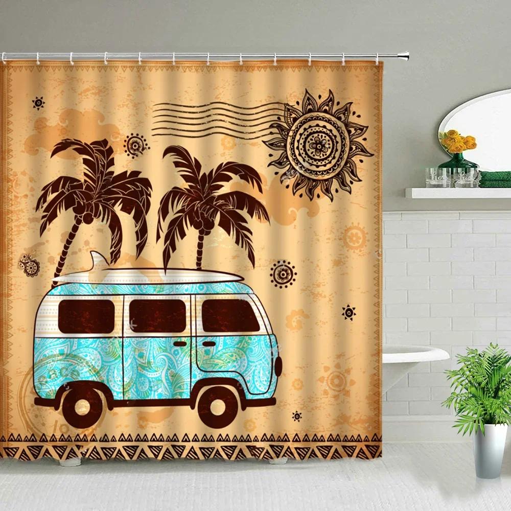 Vintage Letnie Wakacje Retro Bus Camper Van Zasłony Prysznicowe Deska Surfingowa Palma Łazienka Wystrój Domu Zasłona do Wanny z Haczykami