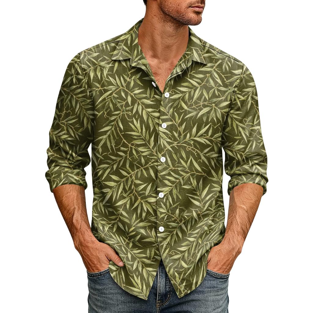 Men's Loose Fit Long Sleeve Shirt Hawaiian Style Retro Casual Button Down Shirt with Spread Collar Suitable for Spring and Autumn