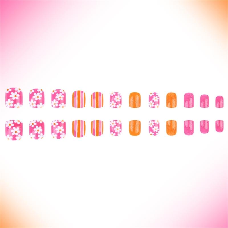 24pcs Short Square Acrylic Press On Nail With Flower Pattern For Women Full Coverage Glossy Finish False Nail