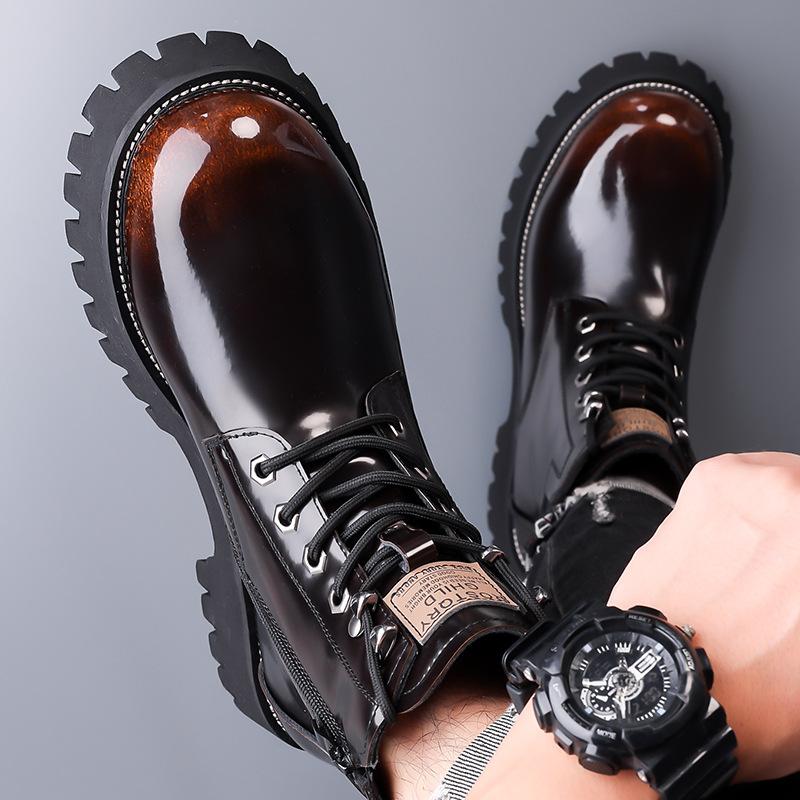 Winter Mens High Top Thermal Boots Plush Lined Snow Shoes Patent Leather Casual Non-Slip Waterproof Warm Comfortable Ankle Boots