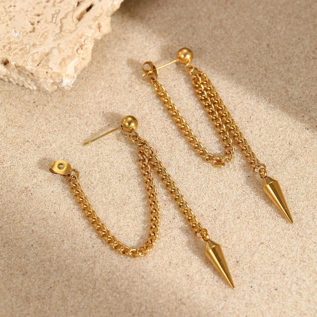 2pcs Minimalist Punk Style Stainless Steel Pointed Pendant Tassel Earrings, Suitable For Daily Wear