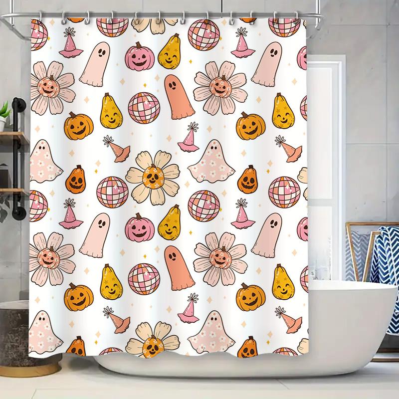

Charming Halloween Pattern Shower Curtain White Background With Cute Ghosts, Pumpkins Bubbles Waterproof Fabric For Bathroom Dec W60H190(CM)-1 Pcs