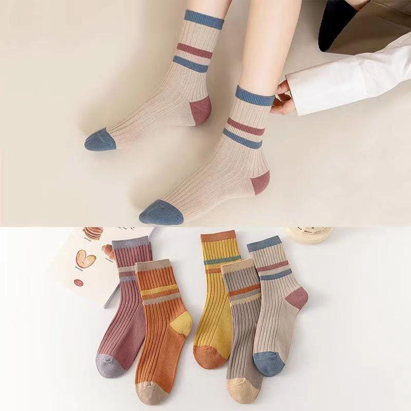 5 Pairs of Striped Versatile Mid Length Socks, Candy Colored Retro Color Blocked Outdoor Socks