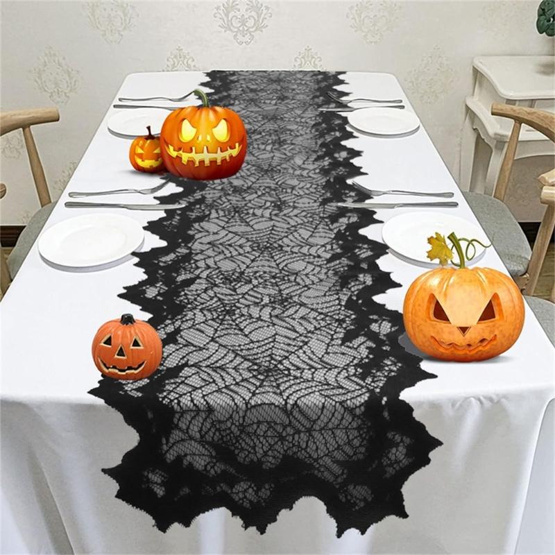 Spooky Halloween Decoration 11.8x70.9inch Black Table Runner, Water Resistant with Cobwebs and Bat Motifs for Festives Dinin
