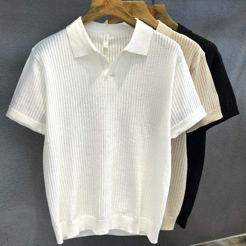 Men S Summer V Neck Short Sleeve Knit Polo Shirt Khaki M белый