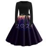 Women's Vintage Classic Dress Long Sleeve 2024 New Year Printed Ound Neck Swing Dress