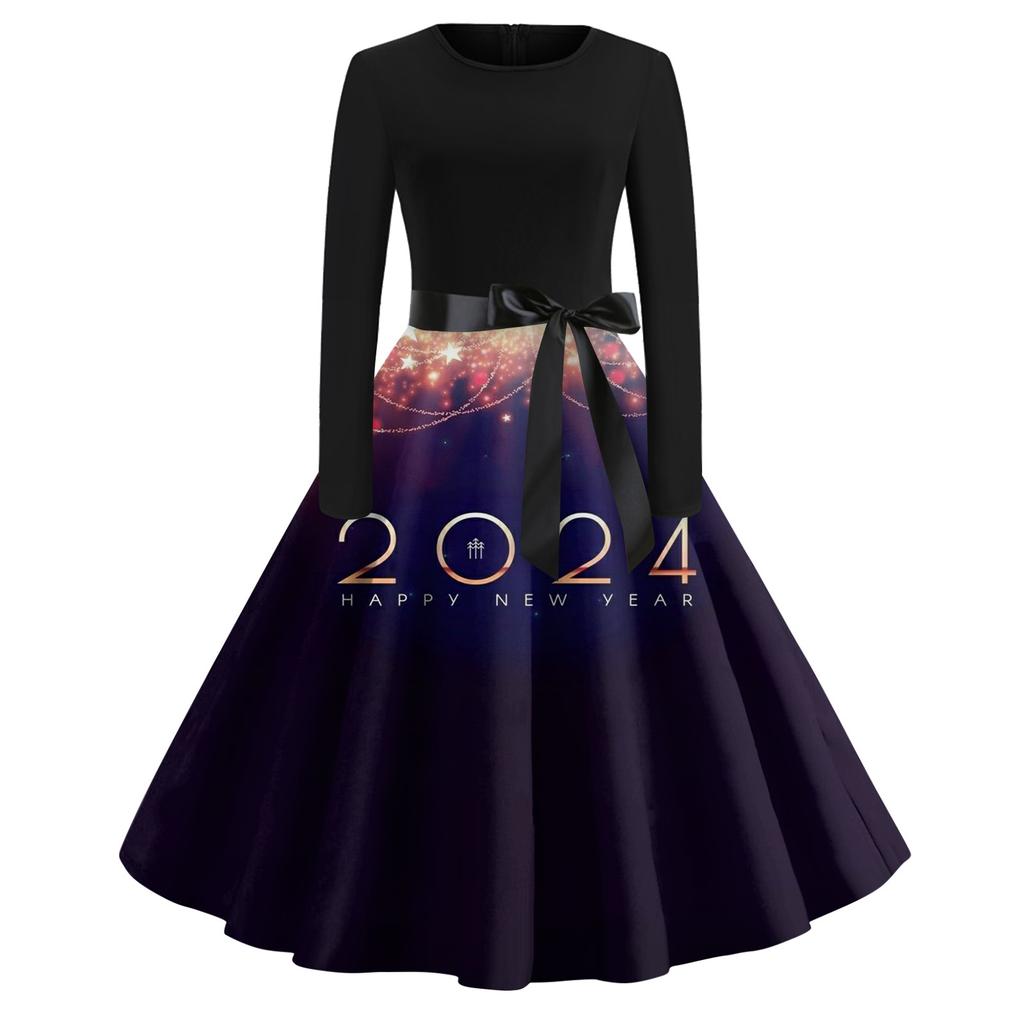 Women's Vintage Classic Dress Long Sleeve 2024 New Year Printed Ound Neck Swing Dress