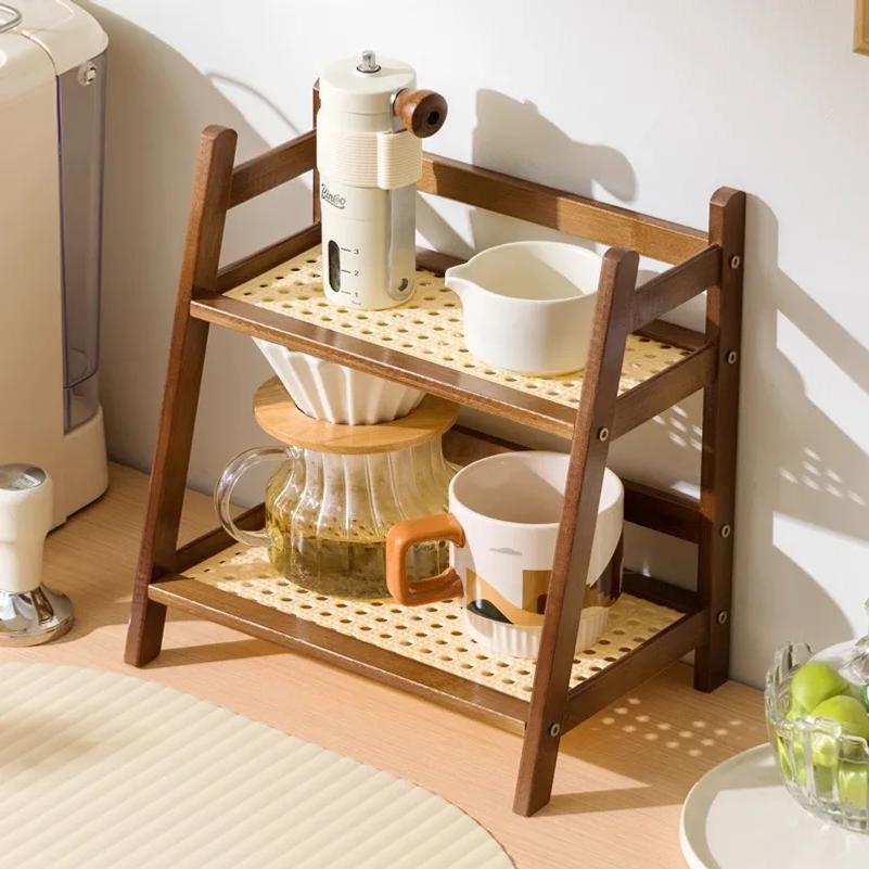 Countertop Organizer 2 Layer Coffee Cup Holder Multipurpose Bamboo Storage Shelf for Hotel Apartment Dressing Table Kitchen Home