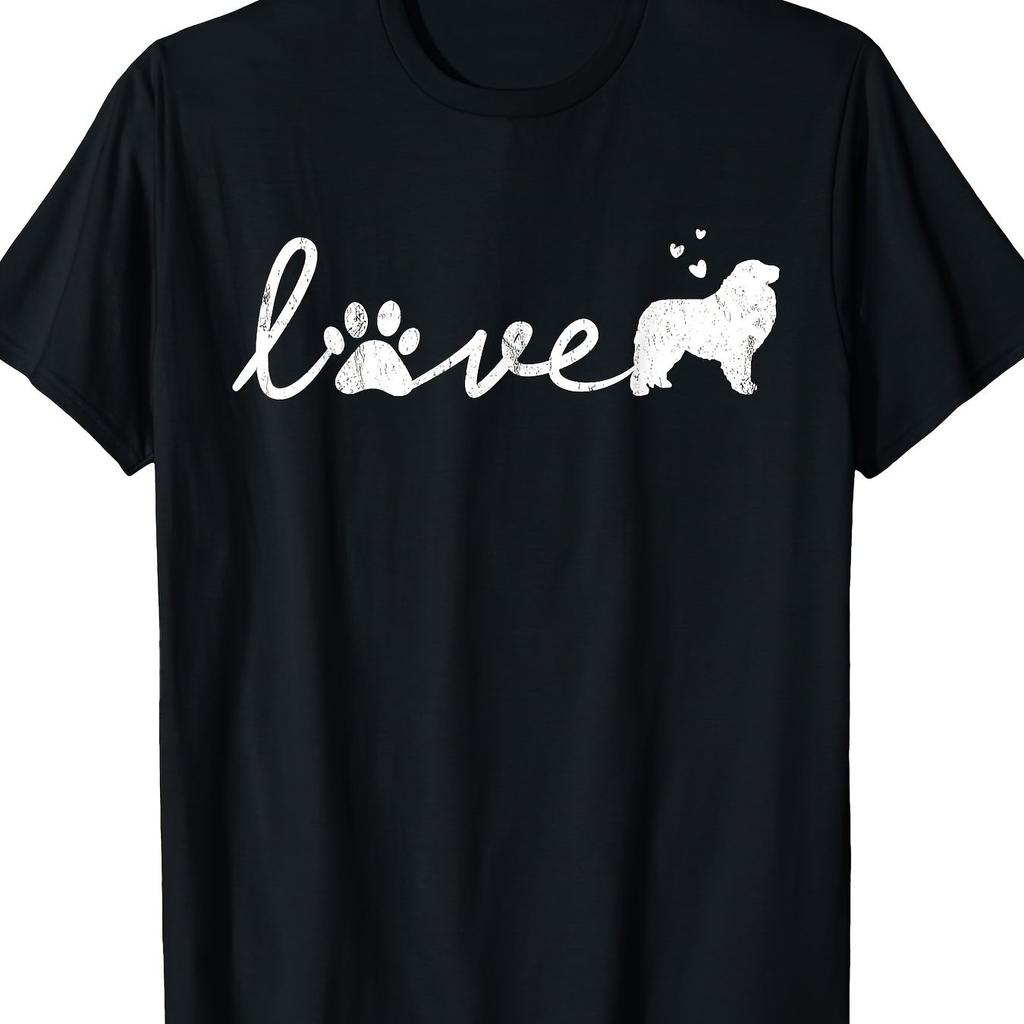 Dog Lover Love Paw Print Fluffy Dog Silhouette Graphic Tee Casual Cotton TShirt