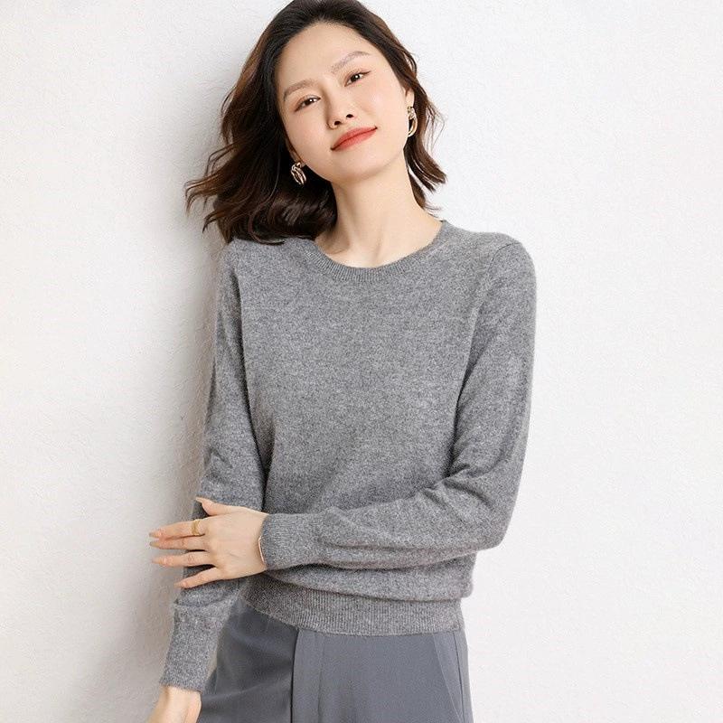 Spring and Autumn Women's Sweater Pullover Knit Sweater Round Neck Long Sleeve Sweater Bottom Shirt Solid Color Sweater