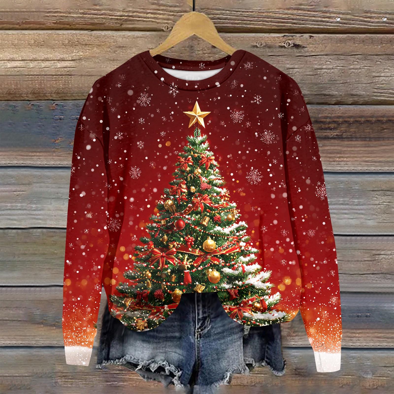 

Женская толстовка с рождественским принтом, с длинным рукавом и круглым вырезом, свободный топ M винный