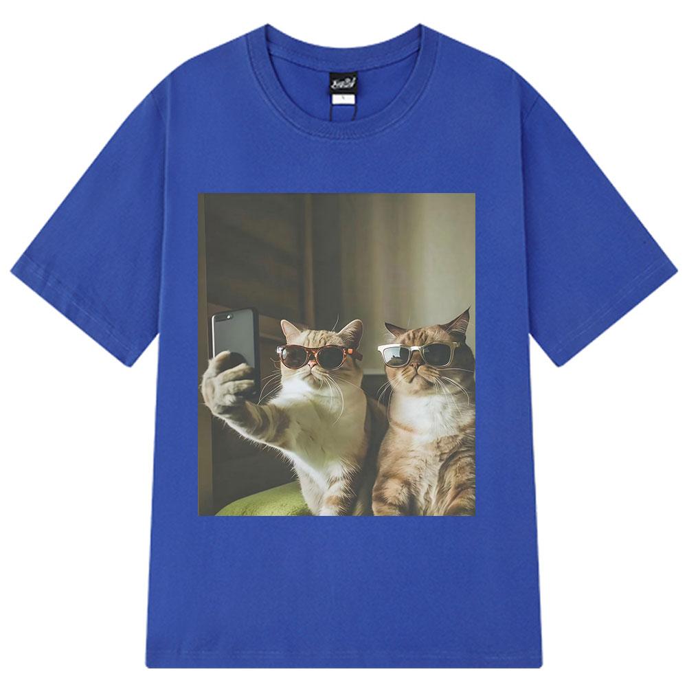 2026 Summer Cotton Tee Selfie Cool Cats Funny Meme Graphic Unisex Women Plus Size Loose Casual Hip Hop Streetwear Breathable Top