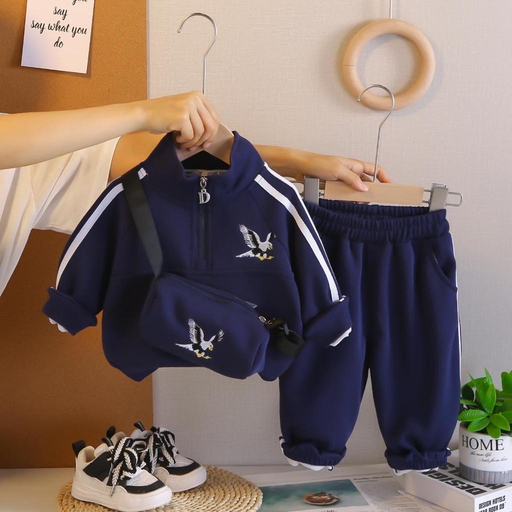 Boys' Trendy Two-Piece Autumn Set: Long Sleeve, Stand-up Collar, Zip-Up Pullover