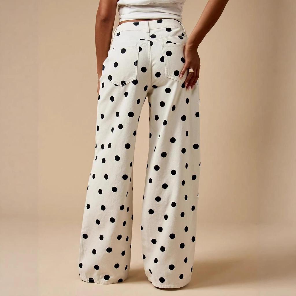 European Style Polka Dot Casual Mid-Waist Non-Stretch Long Denim Pants for Women