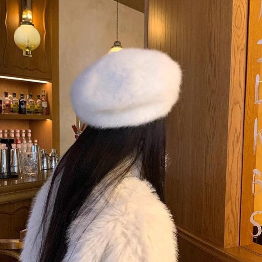 Women’s Hat Sweet and Cute Bowknot Rabbit Fur Plush Beret - Warm Painter Hat for Autumn and Winter