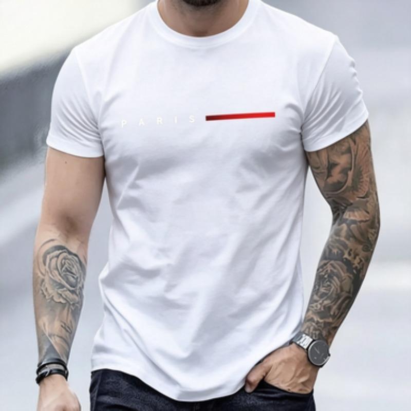 Unisexs Soft Cotton Tshirt Paris Split Letter Simple Red Stripe Print Short Sleeve Urban Streetwear Plain Tee Tops
